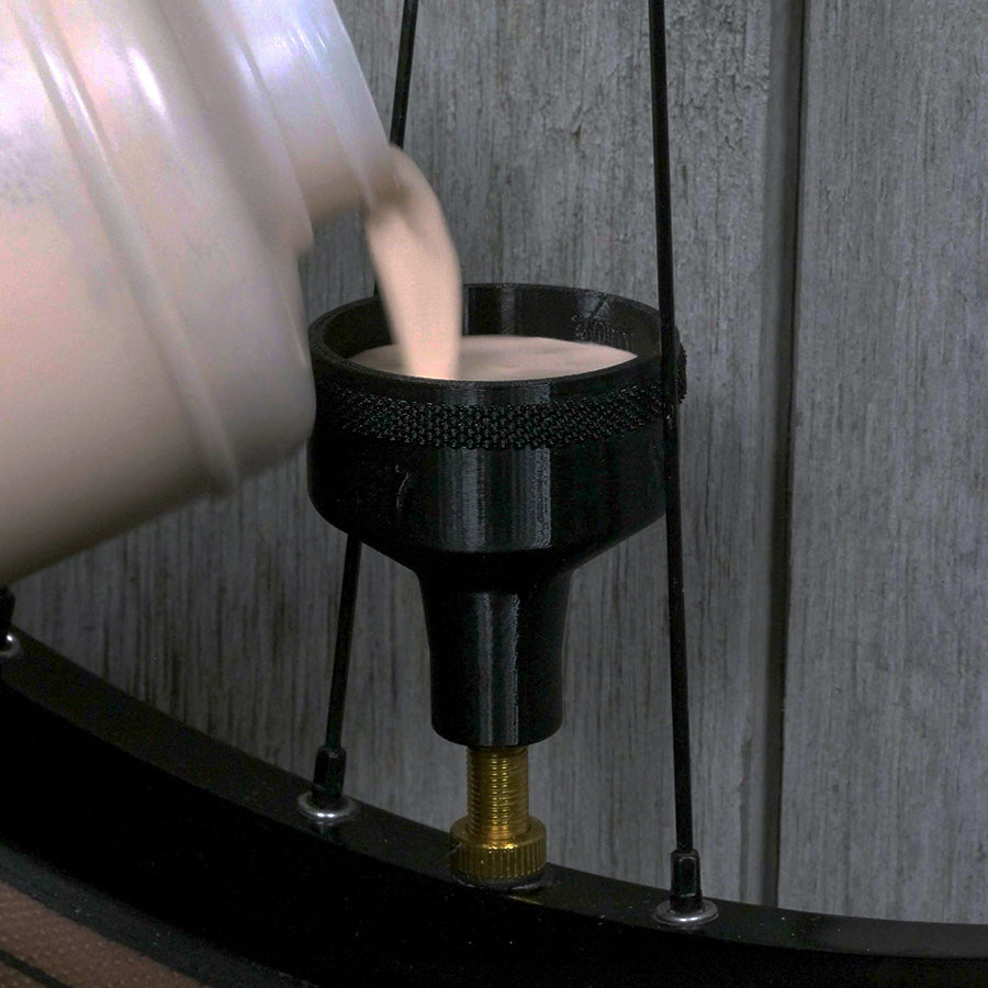 Sealant Funnel for filling tubeless bicycle tires with tire sealant. Alternative to tire sealant injector.
Miles Wide Industries Schrader Valve